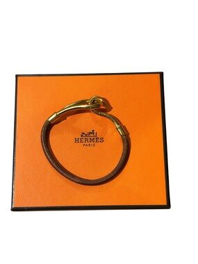 HERMES Brown Leather Jumbo Hook Single Tour Bracelet Bangle Gold Hardware w/Box